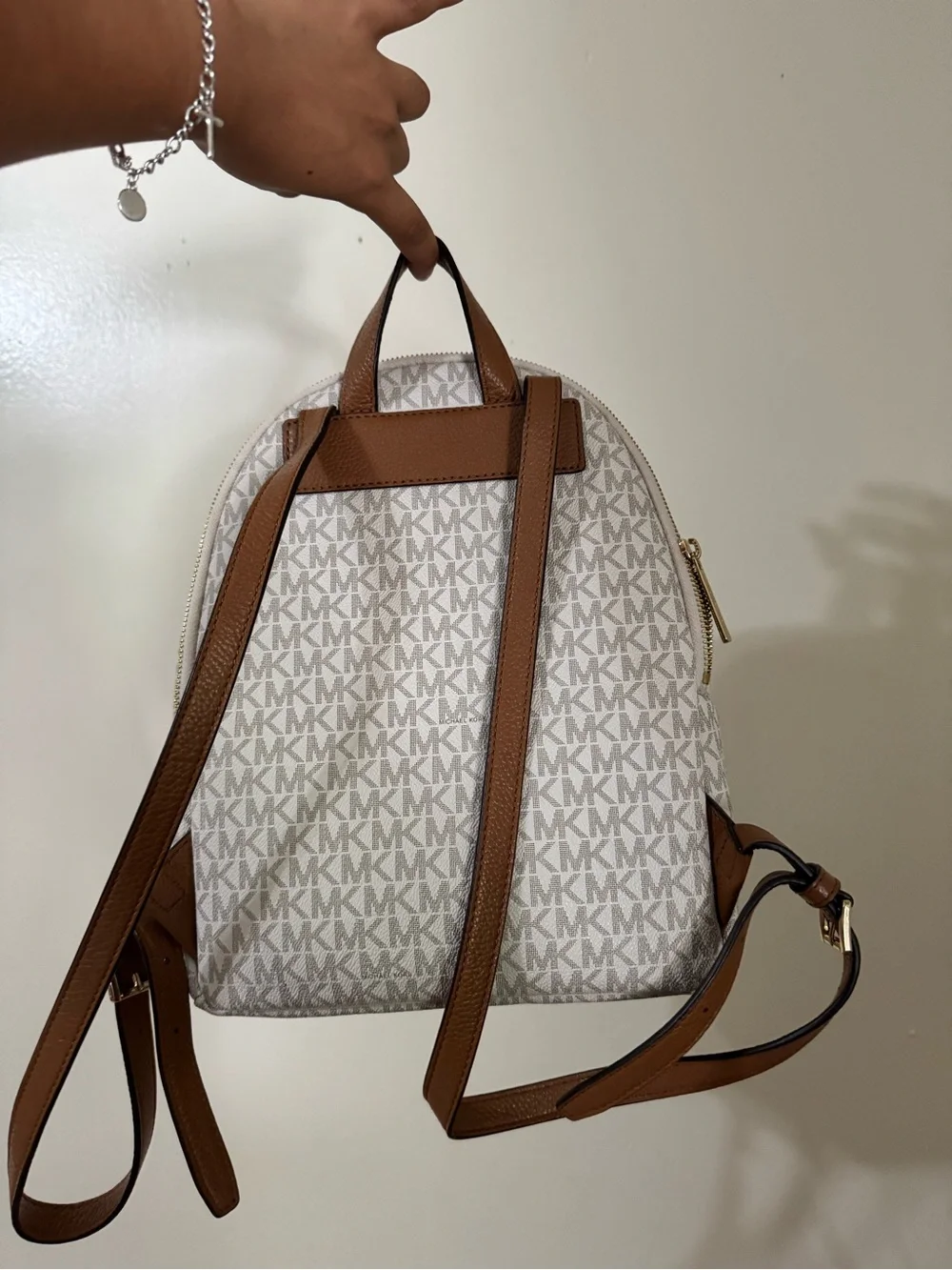 Michael Kors Cream and Brown Signature Logo Backpack